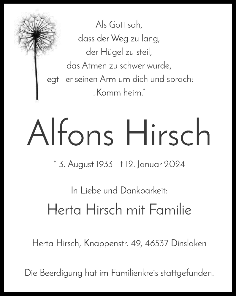 Traueranzeige für Alfons Hirsch vom 17.02.2024 aus Tageszeitung