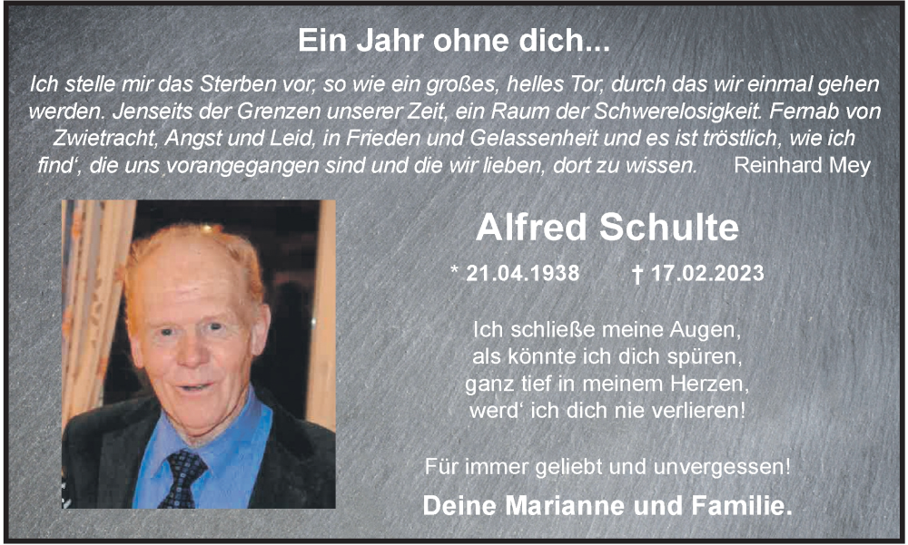  Traueranzeige für Alfred Schulte vom 17.02.2024 aus Tageszeitung