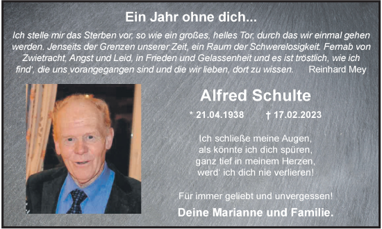 Traueranzeige von Alfred Schulte von Tageszeitung