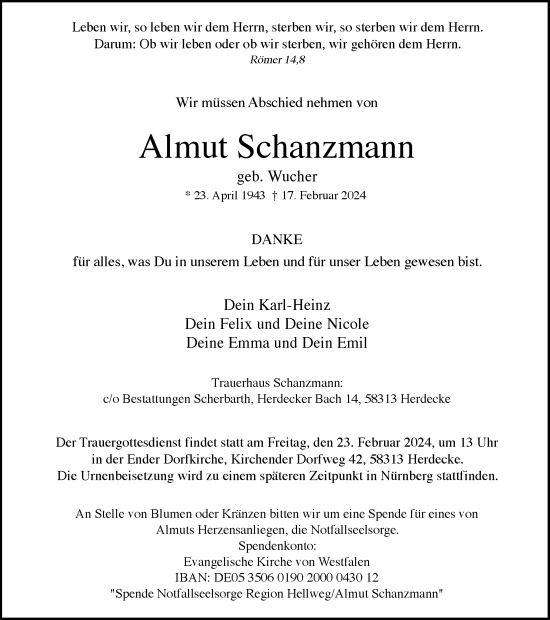 Traueranzeige von Almut Schanzmann von Tageszeitung