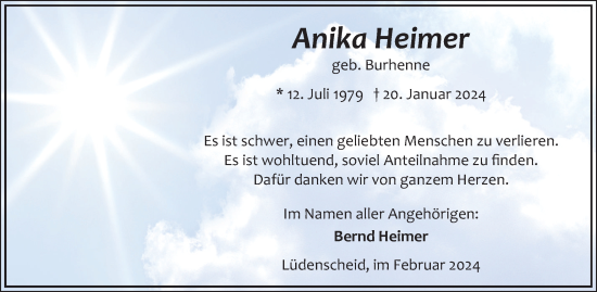Traueranzeige von Anika Heimer von Tageszeitung