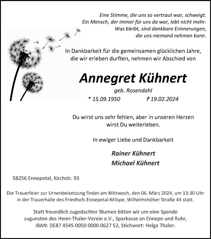  Traueranzeige für Annegret Kühnert vom 28.02.2024 aus Tageszeitung