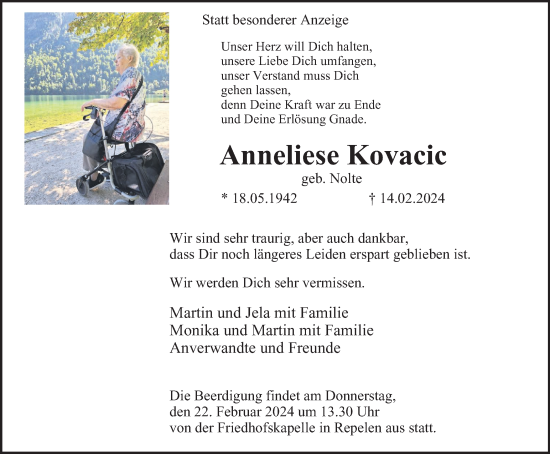 Traueranzeige von Anneliese Kovacic von Tageszeitung