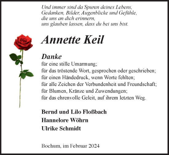 Traueranzeige von Annette Keil von Tageszeitung