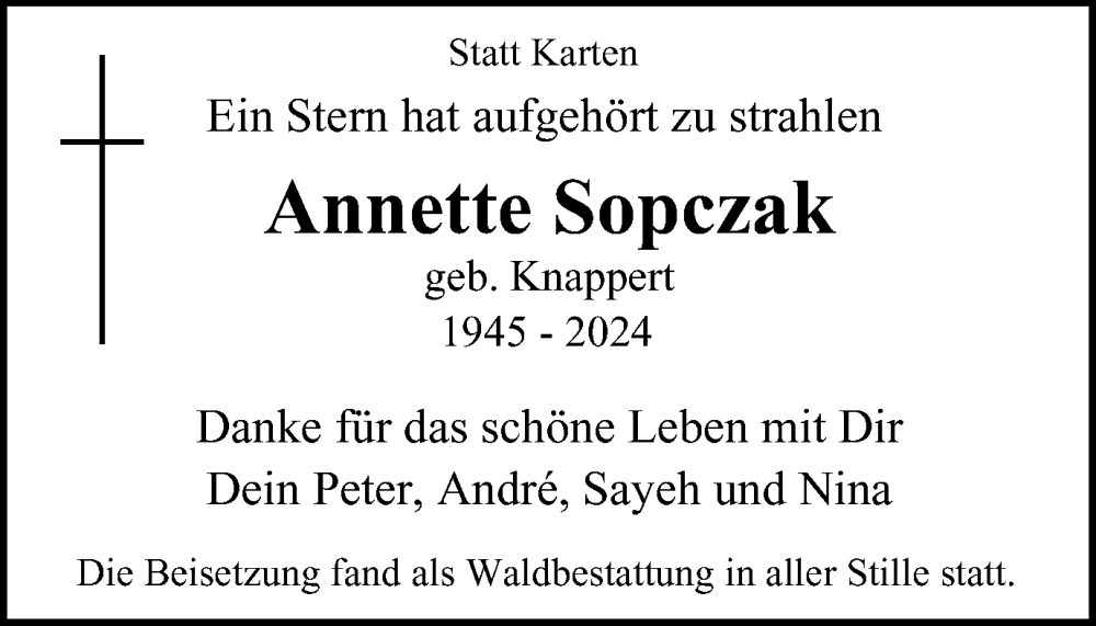  Traueranzeige für Annette Sopczak vom 26.02.2024 aus Tageszeitung