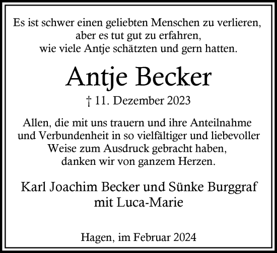 Traueranzeige von Antje Becker von Tageszeitung