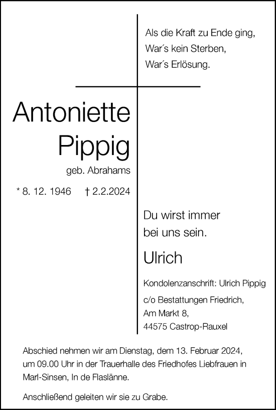 Traueranzeige von Antoniette Pippig von Tageszeitung
