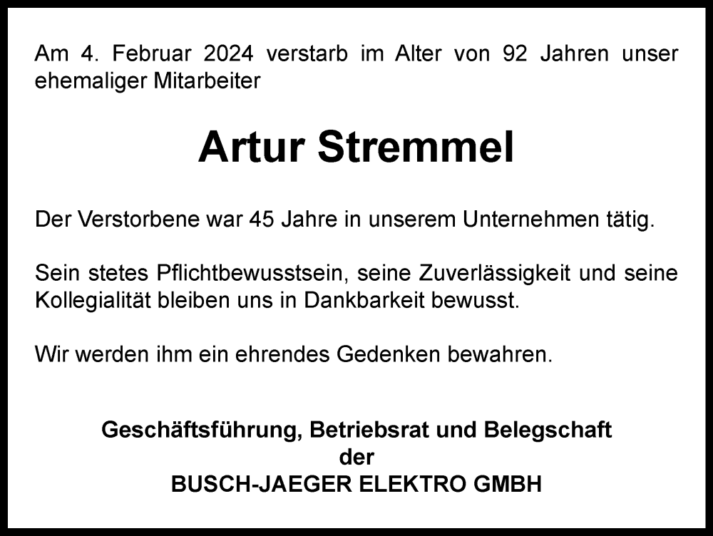  Traueranzeige für Artur Stremmel vom 09.02.2024 aus Tageszeitung