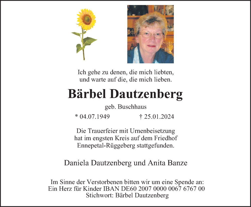  Traueranzeige für Bärbel Dautzenberg vom 10.02.2024 aus Tageszeitung