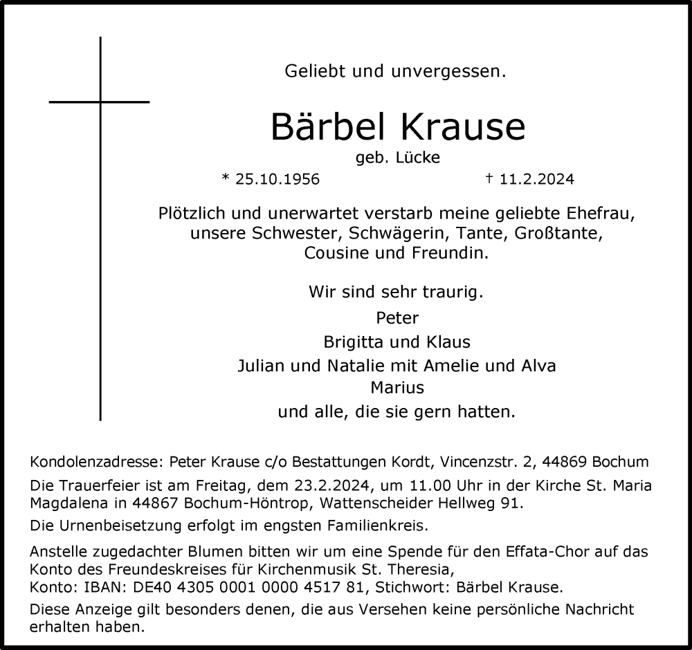  Traueranzeige für Bärbel Krause vom 17.02.2024 aus Tageszeitung