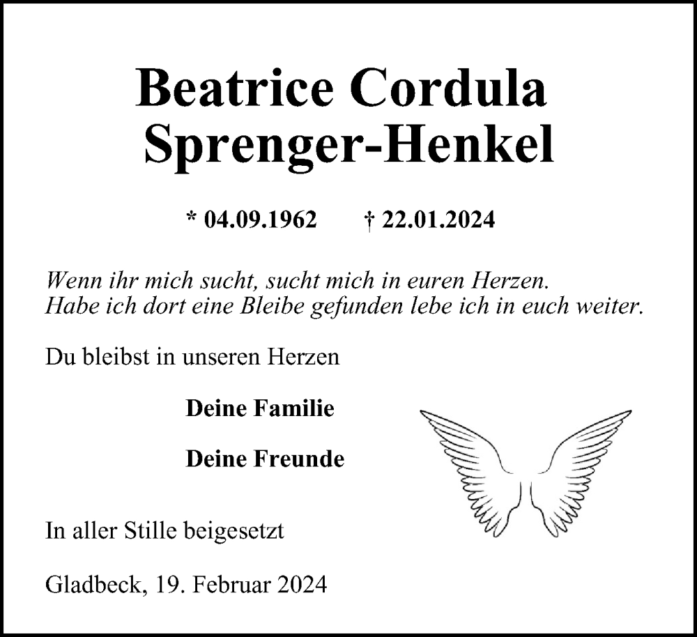  Traueranzeige für Beatrice Cordula Sprenger-Henkel vom 24.02.2024 aus Tageszeitung