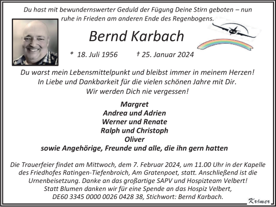 Traueranzeige von Bernd Karbach von Tageszeitung