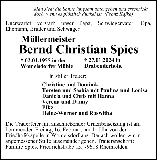 Traueranzeige von Bernd Christian Spies von Tageszeitung