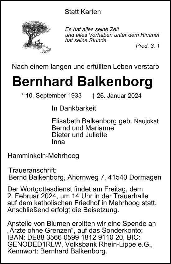 Traueranzeige von Bernhard Balkenborg von Tageszeitung