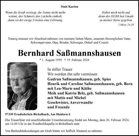 Traueranzeige von Bernhard Saßmannshausen von Tageszeitung
