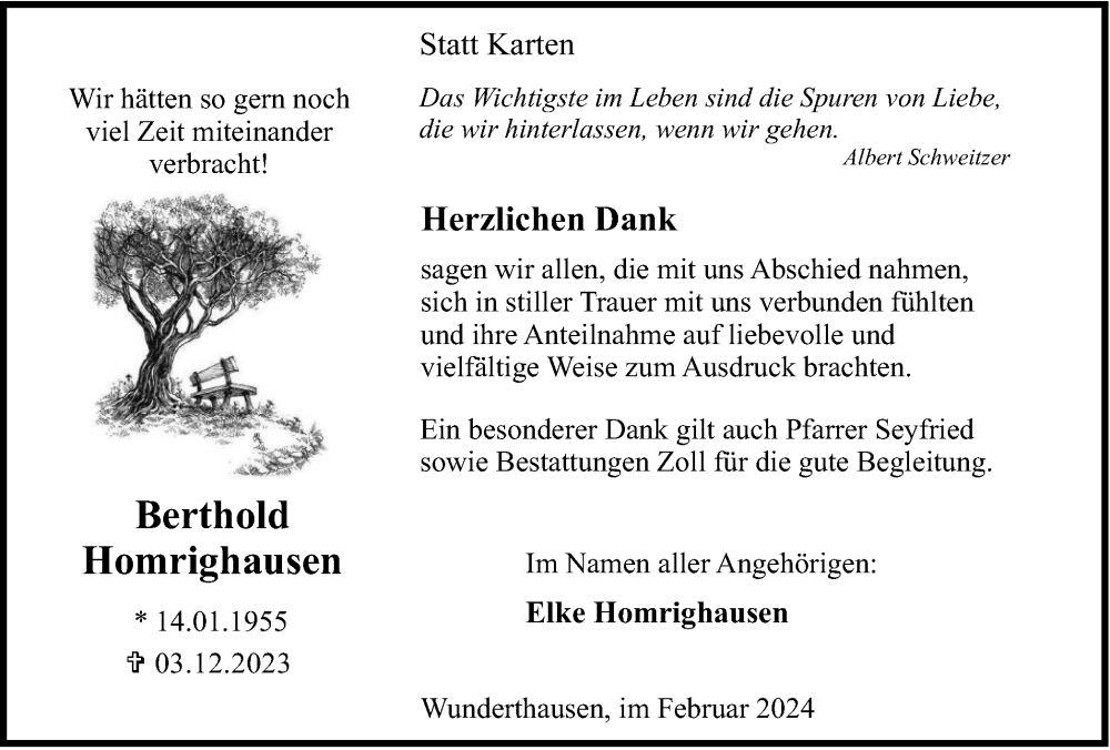  Traueranzeige für Berthold Homrighausen vom 17.02.2024 aus Tageszeitung