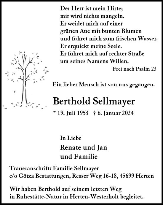 Traueranzeige von Berthold Sellmayer von Tageszeitung