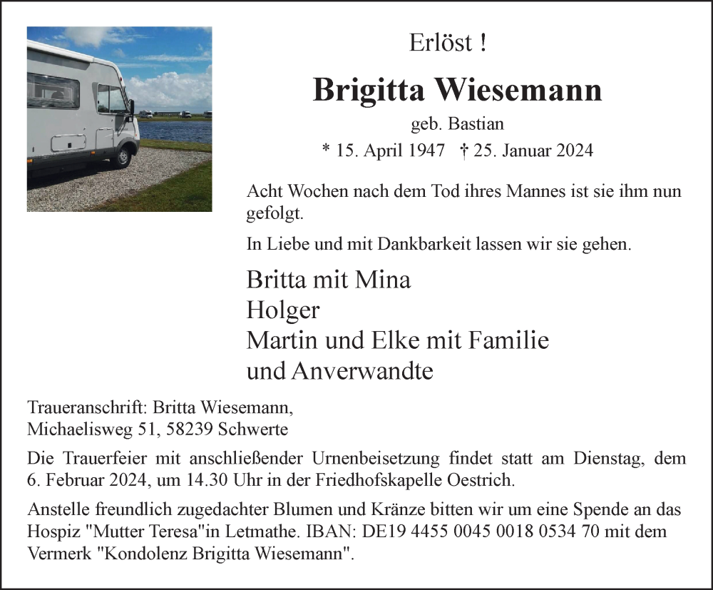  Traueranzeige für Brigitta Wiesemann vom 03.02.2024 aus Tageszeitung