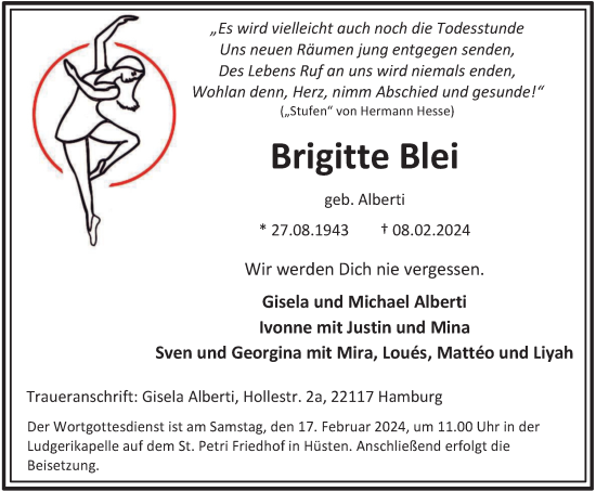 Traueranzeige von Brigitte Blei von Tageszeitung