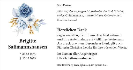 Traueranzeige von Brigitte Saßmannshausen von Tageszeitung