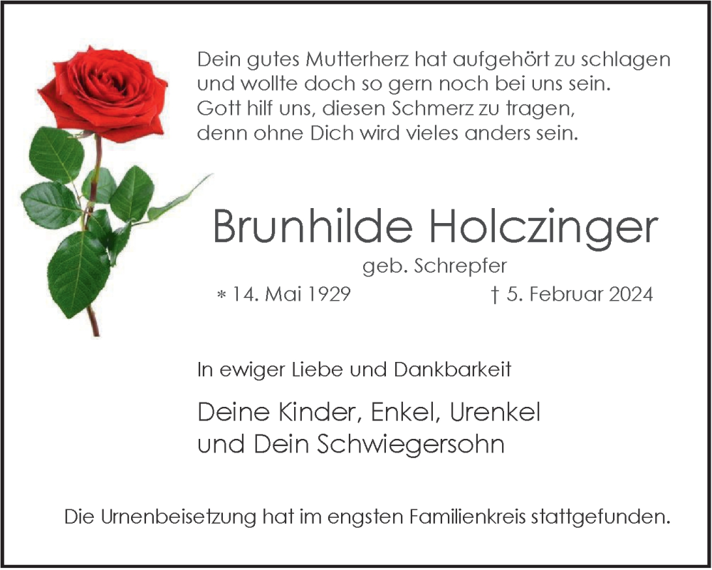  Traueranzeige für Brunhilde Holczinger vom 24.02.2024 aus Tageszeitung