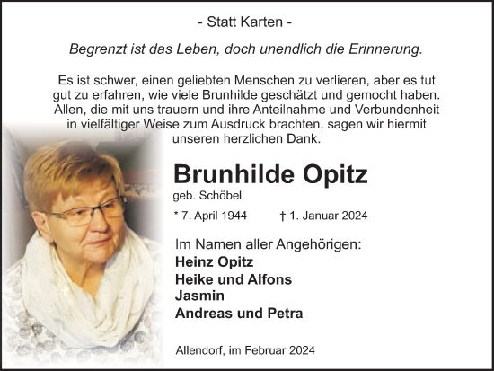 Traueranzeige von Brunhilde Opitz von Tageszeitung