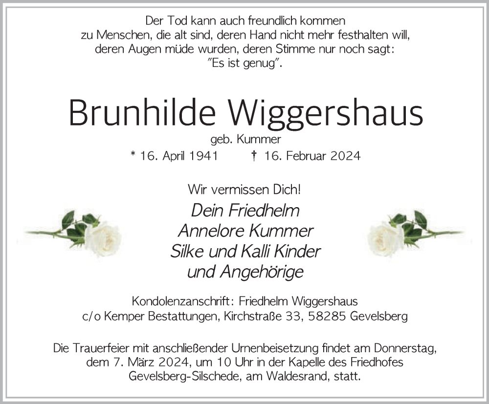 Traueranzeige für Brunhilde Wiggershaus vom 24.02.2024 aus Tageszeitung