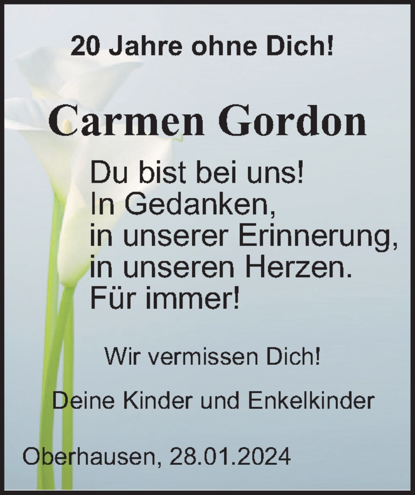  Traueranzeige für Carmen Gordon vom 03.02.2024 aus Tageszeitung