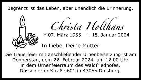 Traueranzeige von Christa Holthaus von Tageszeitung
