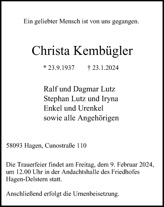 Traueranzeige von Christa Kembügler von Tageszeitung