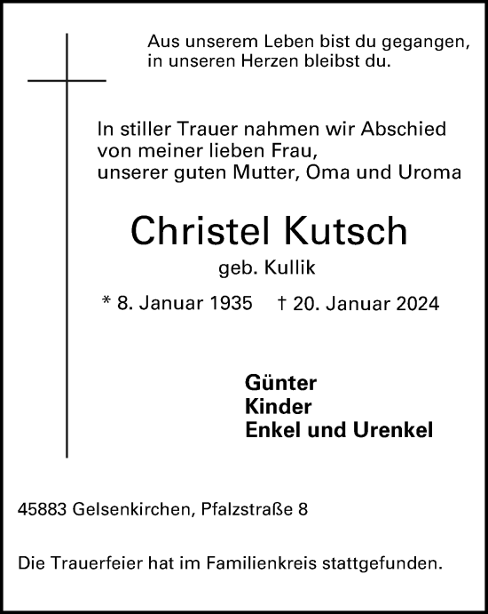 Traueranzeige von Christel Kutsch von Tageszeitung