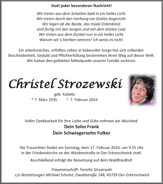 Traueranzeige von Christel Strozewski von Tageszeitung