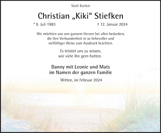 Traueranzeige von Christian Stiefken von Tageszeitung