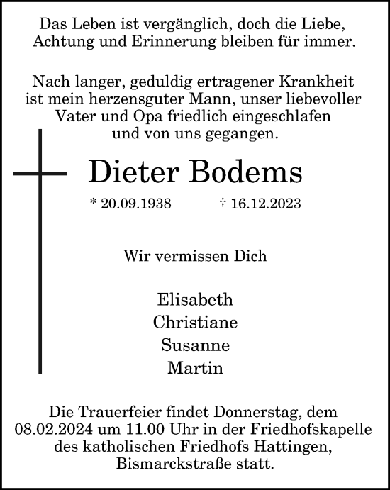 Traueranzeige von Dieter Bodems von Tageszeitung