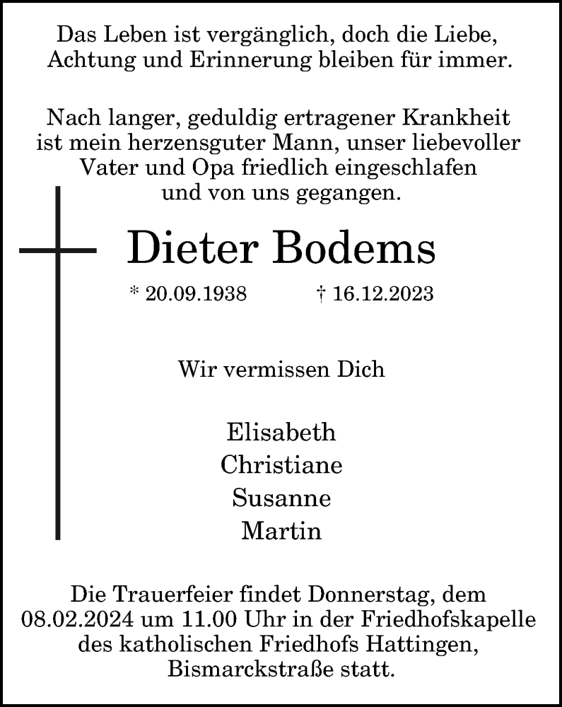  Traueranzeige für Dieter Bodems vom 03.02.2024 aus Tageszeitung