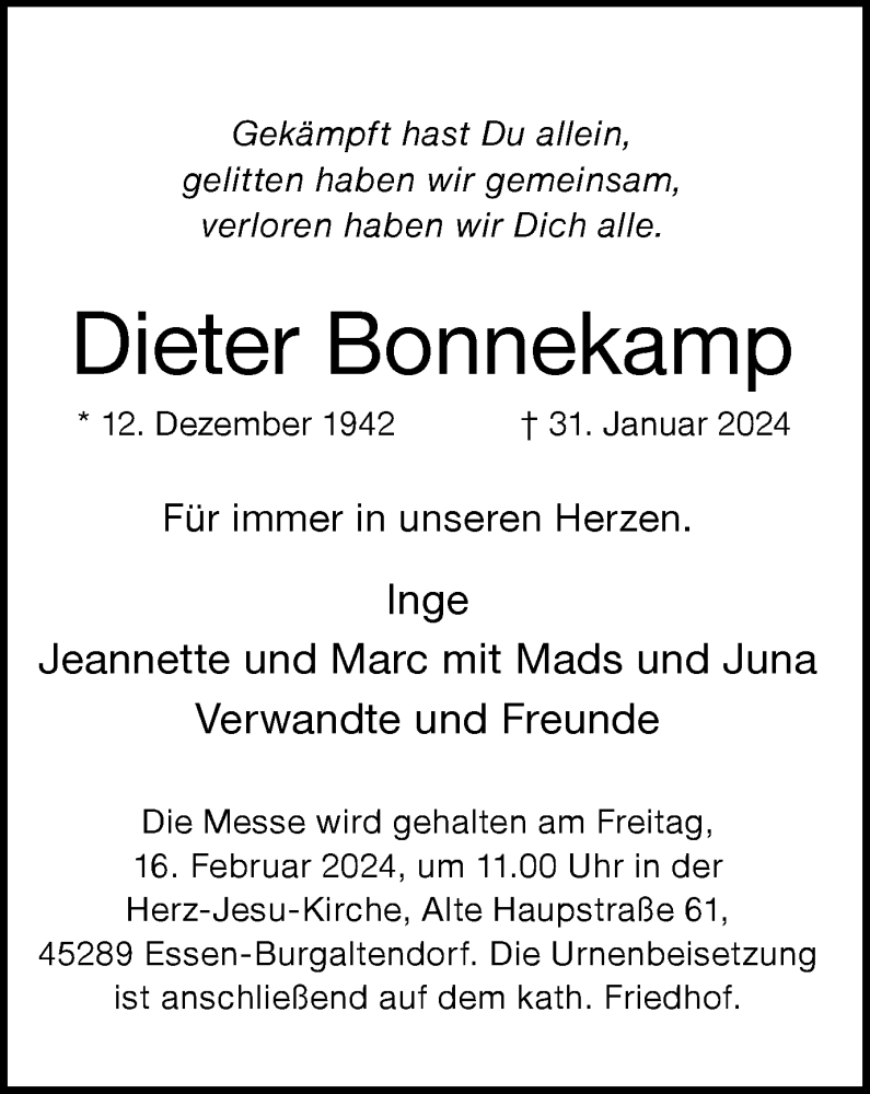  Traueranzeige für Dieter Bonnekamp vom 10.02.2024 aus Tageszeitung