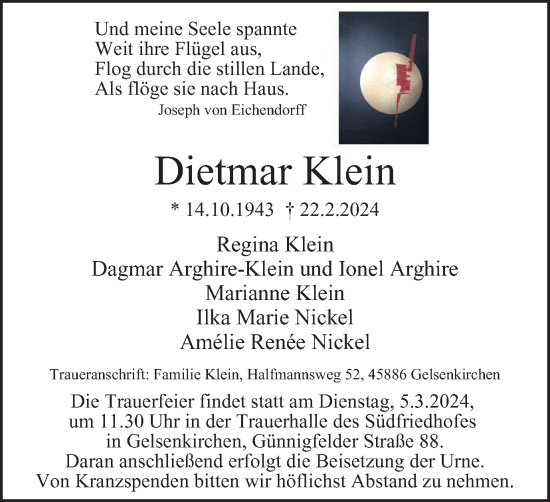 Traueranzeige von Dietmar Klein von Tageszeitung