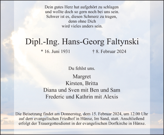 Traueranzeige von Dipl.-Ing. Hans-Georg Faltynski von Tageszeitung