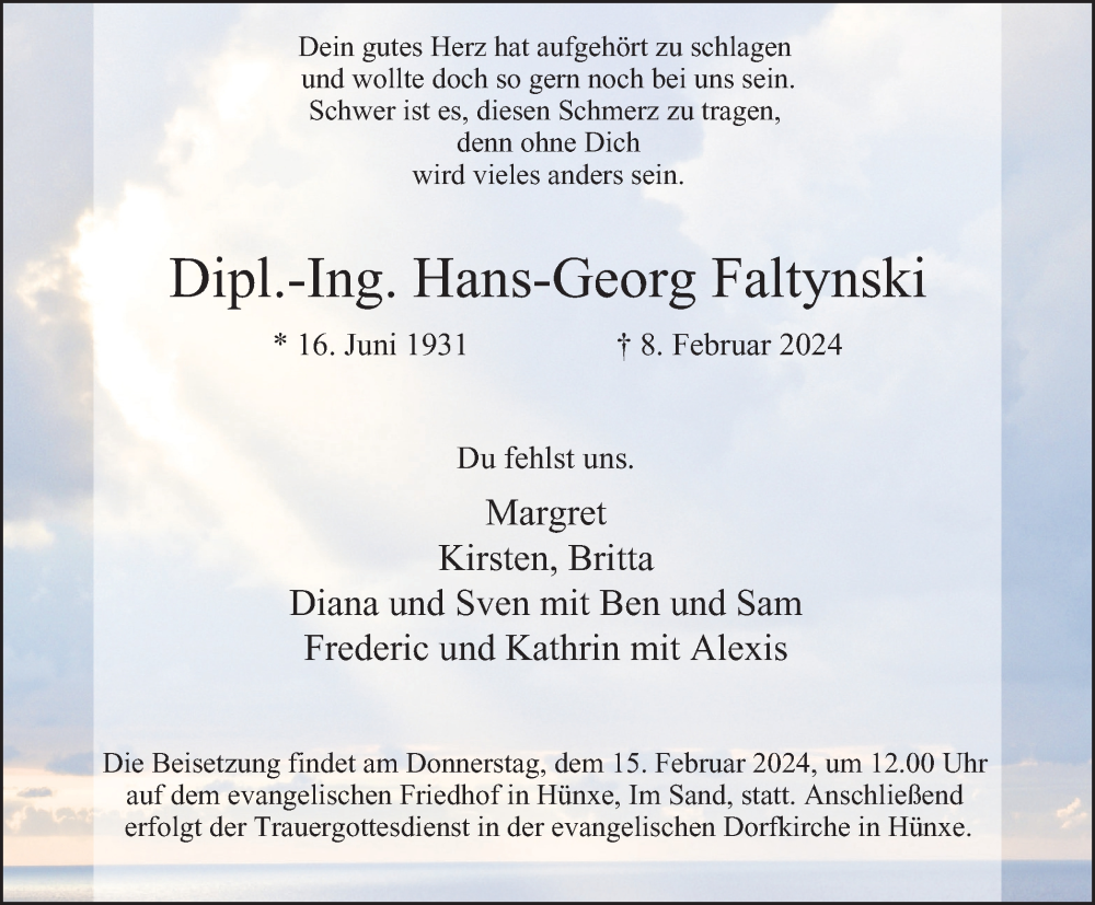  Traueranzeige für Dipl.-Ing. Hans-Georg Faltynski vom 13.02.2024 aus Tageszeitung