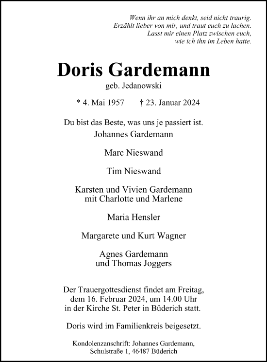 Traueranzeige von Doris Gardemann von Tageszeitung