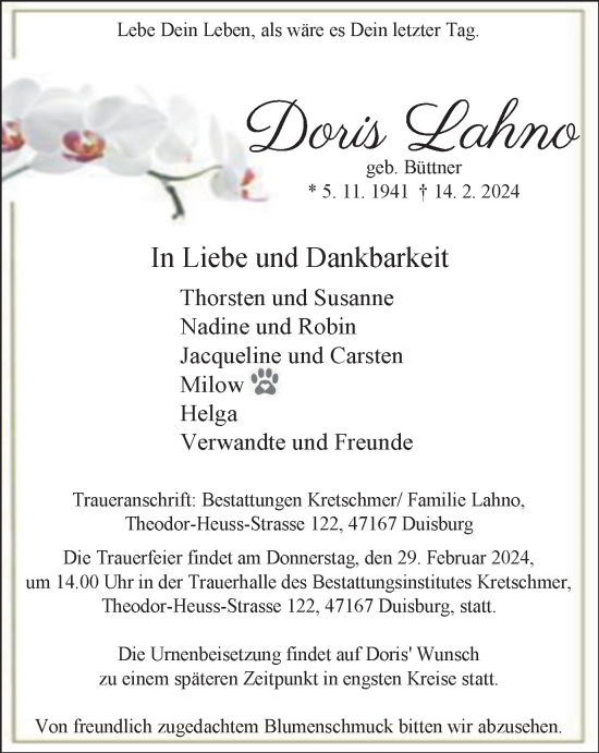 Traueranzeige von Doris Lahno von Tageszeitung