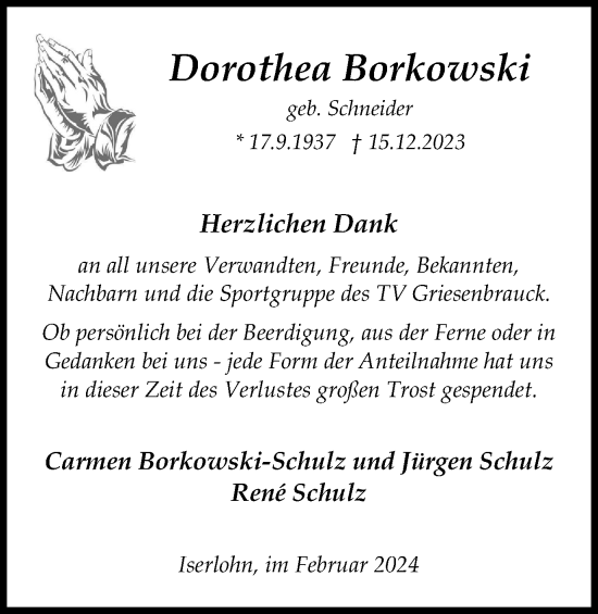 Traueranzeige von Dorothea Borkowski von Tageszeitung