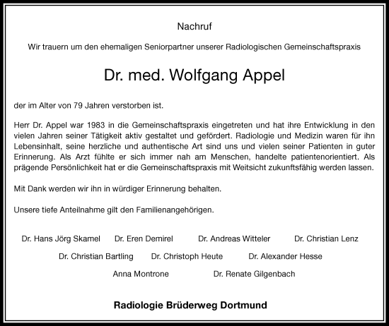 Traueranzeige von Dr. med. Wolfgang Appel von Tageszeitung