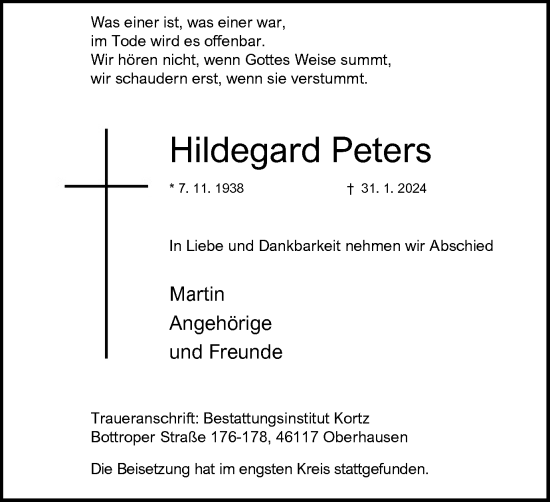 Traueranzeige von Hildegard Peters von Wochenanzeiger Oberhausen