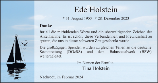 Traueranzeige von Ede Holstein von Tageszeitung