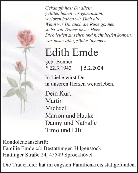 Traueranzeige von Edith Emde von Tageszeitung