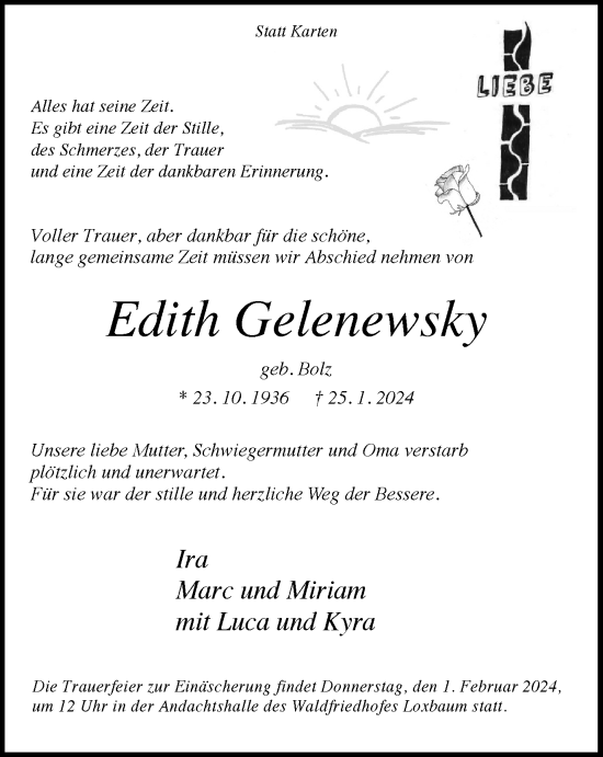 Traueranzeige von Edith Gelenewsky von Tageszeitung
