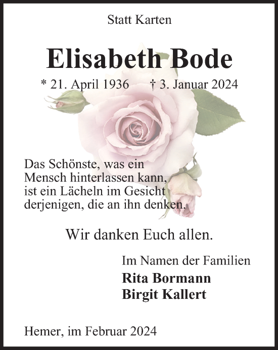 Traueranzeige von Elisabeth Bode von Tageszeitung