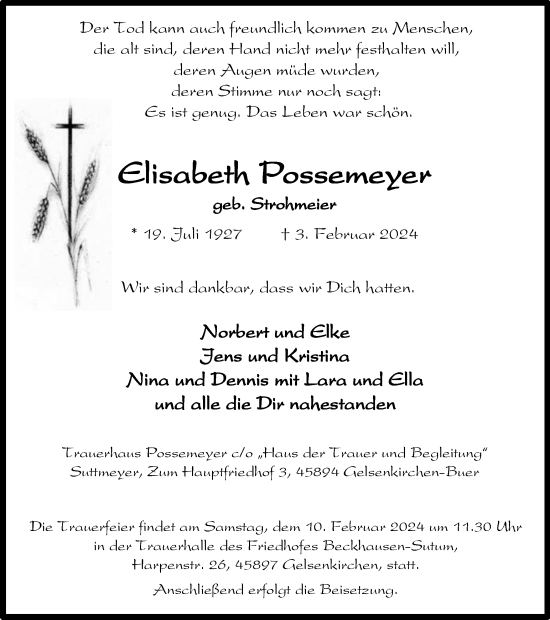 Traueranzeige von Elisabeth Possemeyer von Tageszeitung