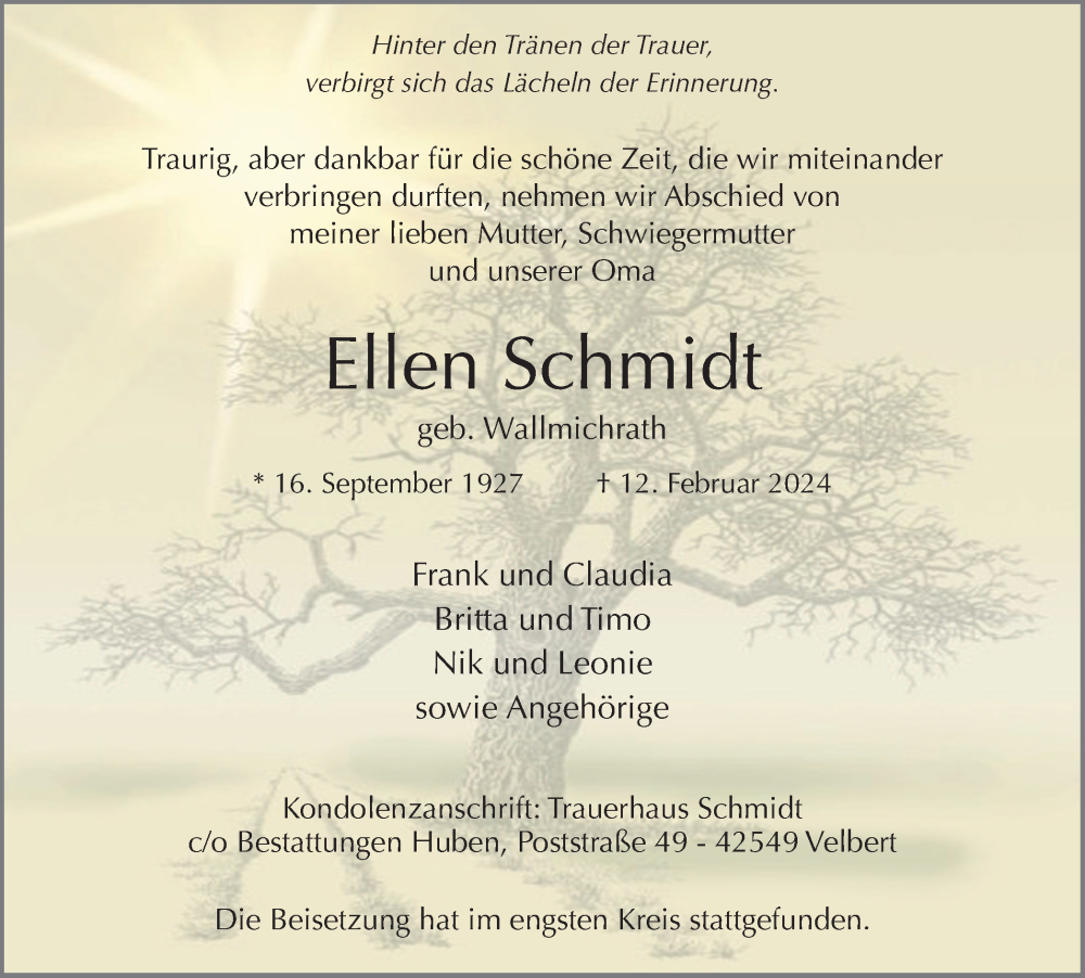  Traueranzeige für Ellen Schmidt vom 24.02.2024 aus Tageszeitung